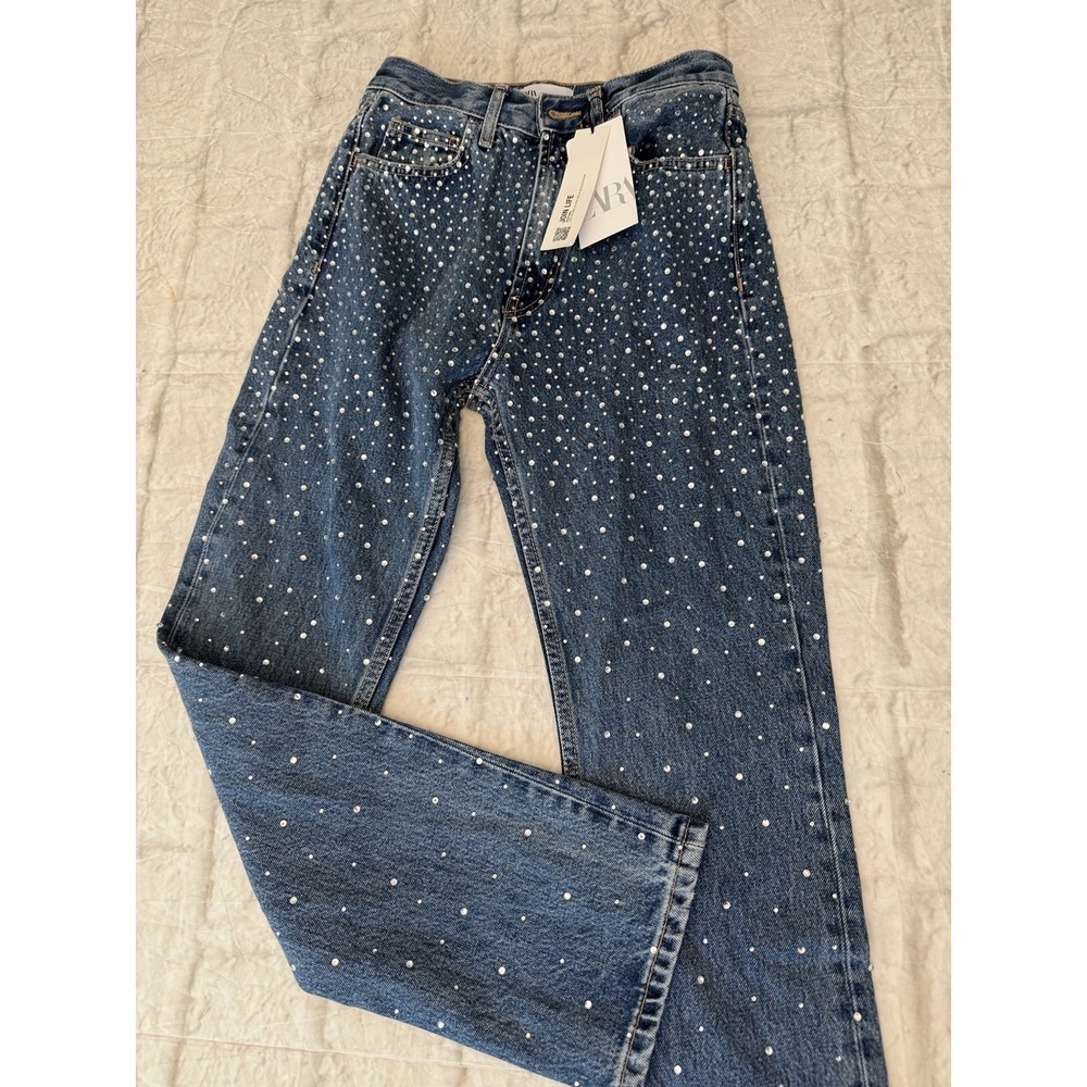 Zara STRAIGHT-CUT JEANS High Rise  AND RHINESTONES NWT Size 4 Bling